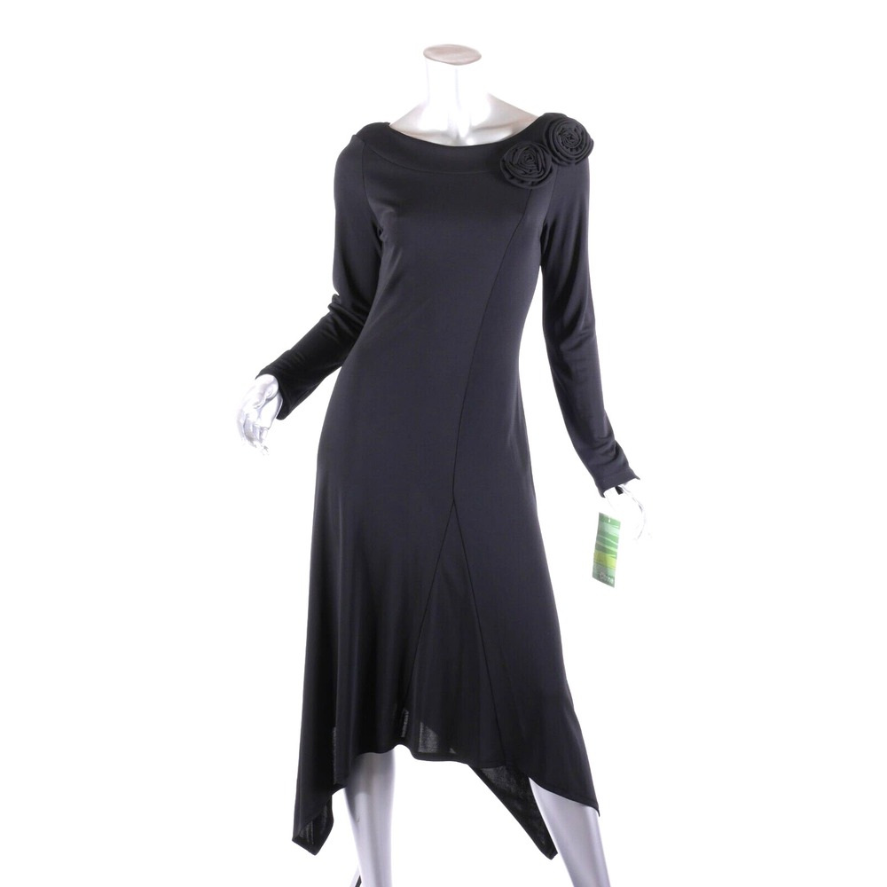 NWT Citrine of Canada Size 4 Black Jersey Dress w/ Handkerchief Hem & Rosettes